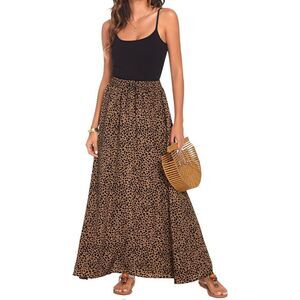 Bluetime Women Leopard Print Long Skirts Chiffon Summer Beach Pleated Elastic Hi